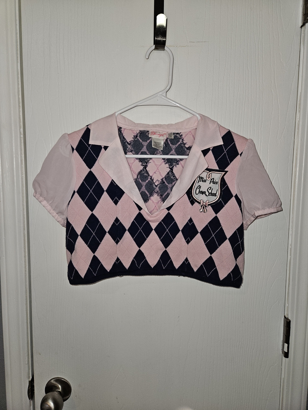 Dreamgirl Pink & Navy Argyle Cropped Polo Top